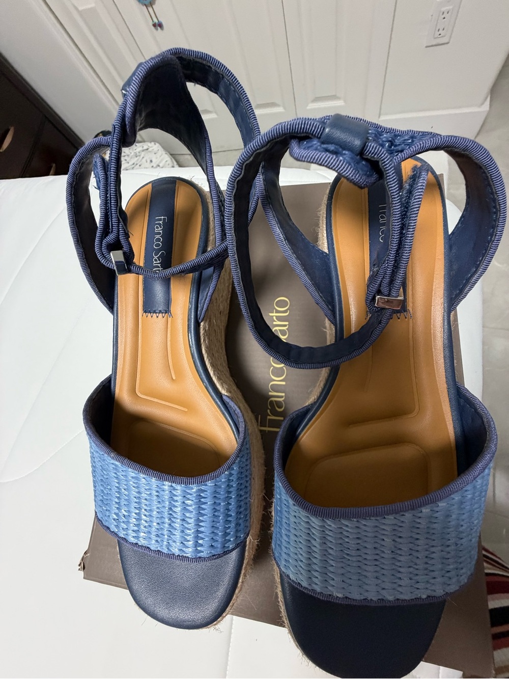 Franco Sarto Navy and Light Blue Woven Espadrille Wedges